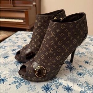 Louis Vuitton Brown Monogram Peep-Toe Ankle Booties with Gold Accent